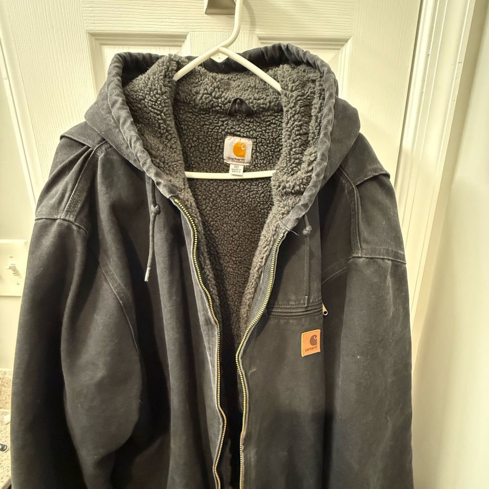 Carhartt Men's Black Sherpa Lined, Washed Duck, Relaxed Fit Hooded Jacket